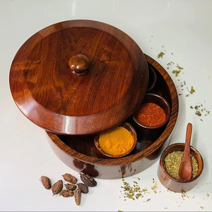 Triangulaire Premium Élégant Acacia En Bois Boîte À Épices Organisateur Couvercle Classique Masala Dani Conteneurs De Stockage Masala Boîte - Product Image 1