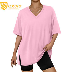 Camiseta básica de gran tamaño con logotipo estampado personalizado de peso pesado, camiseta de talla grande de alta calidad a la moda para mujer, Camiseta 100% de algodón con cuello en V - Product Image 4