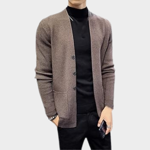 Cárdigan clásico ajustado con parte delantera abierta para hombre, gabardina larga de punto de Color sólido con manga larga, estampado de Material de algodón - Product Image 3