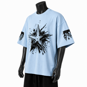 เสื้อยืดโอเวอร์ไซส์สีฟ้าอ่อนสำหรับผู้ชาย แขนสั้น คอกลม สไตล์สตรีท ผ้าคอตตอนเจอร์ซีย์ พิมพ์ลายกราฟิก - Product Image 3