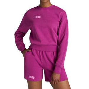 High Quality OEM Custom Pieces <b>Lounge</b> Wear Set Cotton Crop Pullover Sweatshirt and Sweat <b>Shorts</b> <b>for</b> Women 2025 - Product Image 3