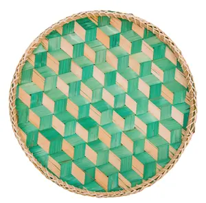 Eco Friendly Handmade Bamboo Basket Weaving Serving Tray Round Bamboo trays for Bread Food Snack Woven Wicker