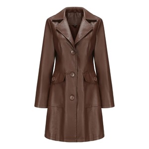 Chaqueta de cuero larga negra para mujer, chaqueta cortavientos de PU de manga larga para primavera y otoño, gabardina de cuero para mujer - Product Image 4