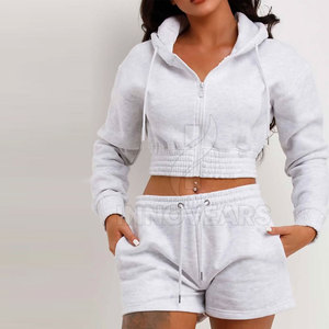 Décontracté Hiver XL Taille Crop Top Sweat à Capuche Ensembles Courts Séchage Rapide Coton Polyester Nouveau Style Solide Motif Toile Tissu Manches Courtes - Product Image 1