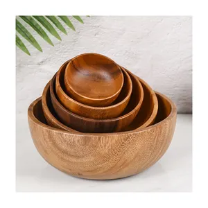 Wholesale OEM/ODM Solid Wood Grain Logo Custom Whole Piece Acacia Wooden Food Fruit Bowls Round Salad Bowls Set