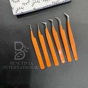 Juego de pinzas para extensión de pestañas de acero inoxidable con agarre de diamante naranja de alta calidad, hecho a mano, puntiagudo, probado a mano, venta al por mayor, privado - Product Image 5