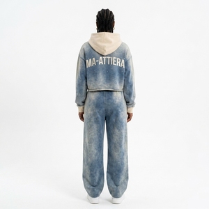 Conjunto de Sudadera Corta Azul con Efecto Ácido y Pantalones Jogger de Pierna Ancha para Mujer, de Algodón y Felpa, Estilo Urbano, Venta al por Mayor OEM - Product Image 2