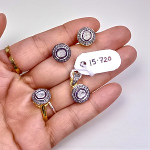 Ensemble de bijoux en argent 925 plaqué or, bague en diamant Polki, bijoux de mariage, cadeau, boucles d'oreilles, bagues, pendentifs - Product Image 3