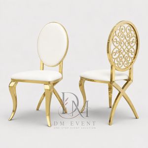 เก้าอี้งานแต่งงานสแตนเลสสีทองลายฉลุพร้อมเบาะสีขาวสำหรับงานเลี้ยงและงานโรงแรม ขายส่ง - Product Image 3