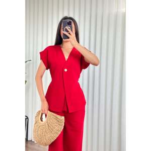 ชุดเซ็ตสองชิ้นผ้าลินินสีแดงแบบมีเข็มขัดติดกระดุมเม็ดเดียว ขายส่ง - สีแดง - Product Image 3