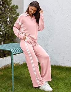 <b>Lounge</b> Sets for <b>Women</b> V-Neck Tracksuit 2-Stripes Wide Leg <b>Pants</b> 2 Piece Outfit <b>Women</b> Sweat suits with Pockets. - Product Image 4