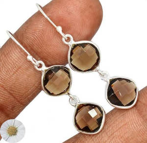 Gemmes rondes à la mode de 5mm avec 6X9mm forme de poire gemmes de Quartz fumé balancent Double paire de pierres boucle d'oreille lunette en argent Sterling fait à la main - Product Image 3