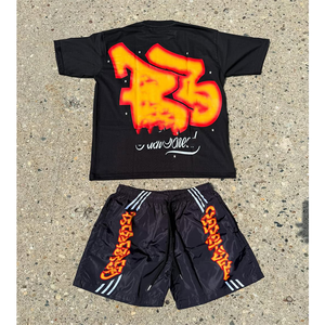 2025 nouveauté hommes respirant Vintage été survêtement ensemble bleu Polyester t-shirt avec Orange Nylon Shorts empilé Flare Design - Product Image 3