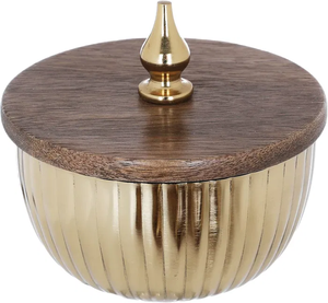 Cuenco acanalado de latón real con tapa de madera y perilla dorada, vajilla decorativa para bodas, hoteles y servicios en el hogar - Product Image 1