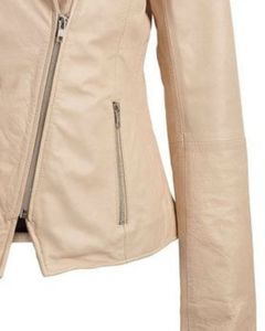 Chaqueta de Motociclista de Cuero Beige para Mujer con Cremallera Asimétrica, Ajuste Entallado, Prenda Exterior de Moto Elegante, Ropa de Moda de Alta Calidad - Product Image 5