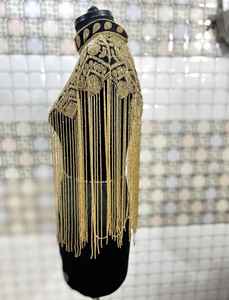 Robe de soirée en mousseline de soie luxueuse, ornée de perles à la main, avec cape à franges en cristal, multi-portable, antistatique, tenue de club, design brillant et lourd - Product Image 2