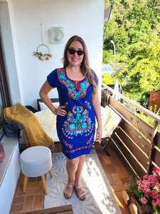 Vestido bordado mexicano azul vestido de algodón bohemio floral hecho a mano para mujer vestido túnica corta de estilo popular étnico - Product Image 2