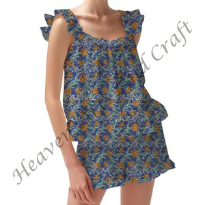 Ensemble pyjama en coton pour demoiselle d'honneur Ensemble de pyjama indien décontracté Sexy Printemps/Été Floral Fitted Strappy Ruffle Trim Sleeves PJ Set - Product Image 1