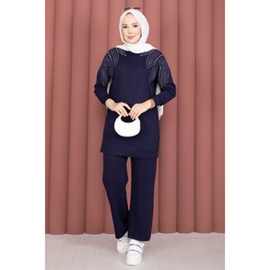 Conjunto de Dos Piezas Casual Azul Marino XXS, Túnica y Pantalones, Estilo Moderno con Adornos de Piedras en el Hombro - Product Image 1