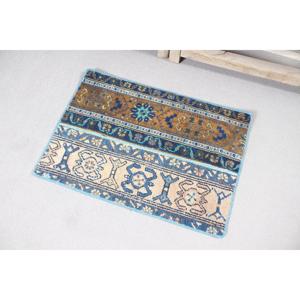 Tapis vintage 1,5x2,1 pieds, bleu brun camouflage, tapis turc en laine - Product Image 2