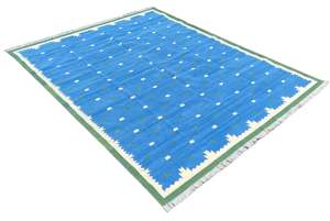 Alfombra de tejido plano de área geométrica azul y verde de algodón teñido vegetal Natural hecho a mano moderno de buena calidad a rayas indio Dhurrie - Product Image 5