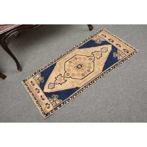 Alfombra de lana turca Vintage de 1,5x3,1 pies, azul y Beige, hecha a mano, área grande, rectángulo, patrón de retazos abstracto para decoración de habitación de pasillo - Product Image 2