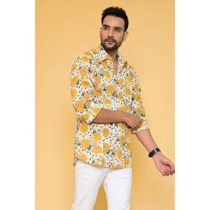 Automne Boho Hippie Design décontracté vêtements de plage à la main coton hommes chemise jaune imprimé fleuri respirant corne bouton fermeture - Product Image 3