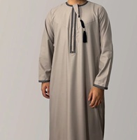 Thobe pour homme vert foncé à manches longues, longueur au sol, en coton, vêtement de prière modeste, style Moyen-Orient, brodé, avec col à nouer