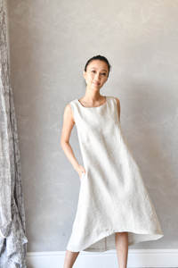 Classic Linen Flax Sleeveless Women's Dress Elegant Slim Fit Long Smock <b>Racer</b> Back Custom Loose Casual Natural Waistline Woven - Product Image 3