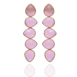 Pendientes de Plata de Ley 925 con Baño de Oro y Calcedonia Rosa Natural, Elegantes y Modernos, para Mujer, Ideales para Bodas y Fiestas - Product Image 2