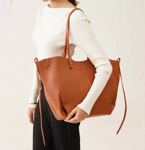 Dark brown professional <b>ladies</b> purse, a large, structured tote with an exterior <b>slip</b> pocket, available at wholesale prices now. - Product Image 3