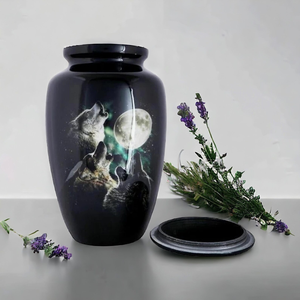Urne de crémation avec loup et lune Design grande urne funéraire en métal souvenir commémoratif pour cendres adultes - Product Image 5