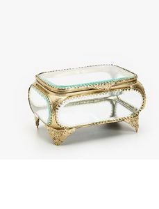 Joyero de metal y vidrio de color dorado hecho a mano, diseño rectangular personalizado con patrón cuadrado para almacenamiento elegante - Product Image 2