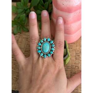 Southwest Handmade Kingman Turquoise <b>Sterling</b> <b>Silver</b> <b>Adjustable</b> Inlay Cluster <b>Ring</b> - Product Image 2