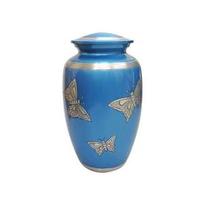 Urna de Cremación Azul Plateada con Diseño de Mariposa Grabado, Urnas Metálicas para Funerales, Urna de Cremación Hecha a Mano, Último Modelo, Mejor Precio - Product Image 1