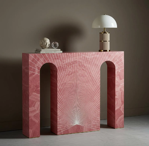 Mesa de consola con incrustaciones de hueso amarillo con un diseño arqueado y un intrincado patrón de rayos de sol, disponible a precios de mayorista. - Product Image 4