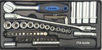 ITA Tools – Jeu de clés à douilles en matériau CV finition mate, à commande manuelle, avec douilles profondes et porte-embouts, coffret rigide, 1/4 po, 49 pièces, OEM