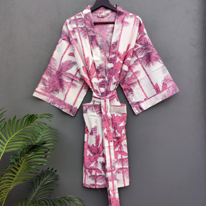 Kimono de algodón 100% hecho a mano, hermoso estampado de bloque Floral, bata informal ligera, Bikini hasta la rodilla, ropa de dormir de verano, cinturones para mujer - Product Image 1