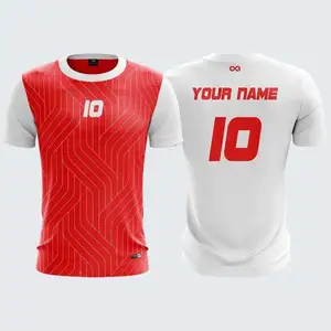 100% Polyester Red & White Pattern Customisable Football Jersey collar options unlimited colours unlimited customisations