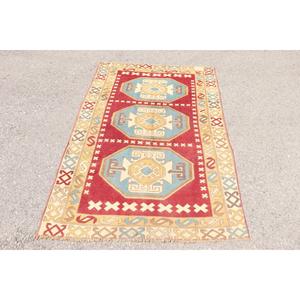 พรมวินเทจตุรกี ขนาด 4x6 ฟุต พรมลายทางสีแดงน้ำเงิน ทำจากขนสัตว์ - Product Image 1