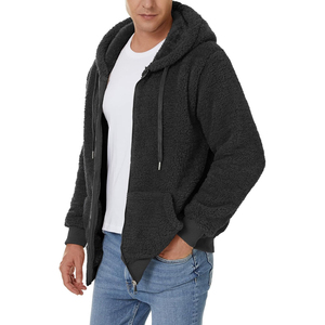 2025 hiver hommes Full-Zip Sherpa polaire veste coupe-vent polaire doublé sweats à capuche en noir solide - Product Image 2