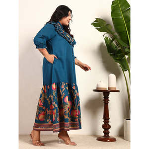 Deebaco Robe décontractée pour femme, bleu sarcelle, grande taille, imprimé floral bohème, à volants, avec manches bouffantes, longueur cheville - Product Image 5