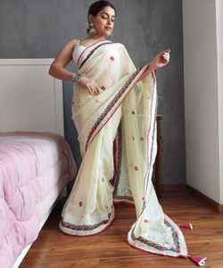 Saree avec chemisier Beige fête porter concepteur vêtements de mariage dentelle bordure soies Saris inde vert femmes adultes inde et Pakistan 500 Alphanumero - Product Image 5