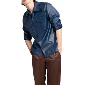 Custom Men's Genuine <b>Leather</b> Button <b>Shirt</b> Stand Collar Zipper Spring Autumn Short Sleeve Chest Pocket Black <b>Leather</b> T-<b>Shirt</b> - Product Image 4