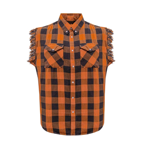 Mens Black Orange Sleeveless Flannel Shirt Biker Cutoff Plaid Vest Cotton Summer Tank Vintage Streetwear Motorcycle Clubwear - Product Image 1