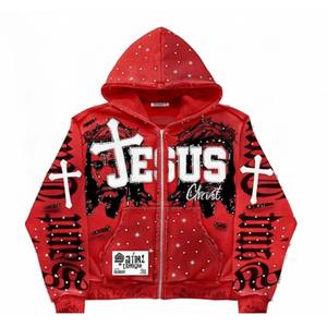 Sudadera con Capucha Personalizada con Pedrería de Jesucristo, Chaqueta de Invierno con Cremallera, Estilo Moderno, 100% Algodón Jersey, Ecológica, Resistente al Viento, Unisex - Product Image 1