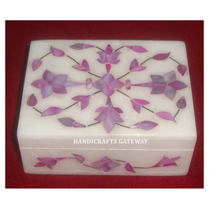 Magnifique boîte à bijoux rectangulaire en marbre blanc naturel fait main avec incrustation de nacre rose, utilisée pour les boîtes cadeaux promotionnelles - Product Image 1