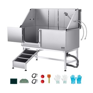 Baignoire de toilettage pour animaux de compagnie VEVOR de 62 pouces en acier inoxydable argenté, capacité de 440 lb, avec rampe, filtre à eau en PE, robinet, pomme de douche et distributeur de savon - Product Image 1
