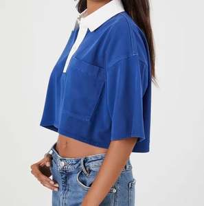 Hauts courts personnalisés pour femmes T-shirt à manches courtes de couleur unie avec col rabattu haut tricoté décontracté pour l'été - Product Image 2