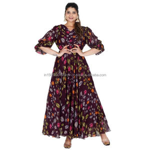 Gasa Floral Impreso Cuello en V 3/4 Mangas Hasta el tobillo Forro acampanado Tela Larga reunida Casual Vestidos de fiesta - Product Image 1